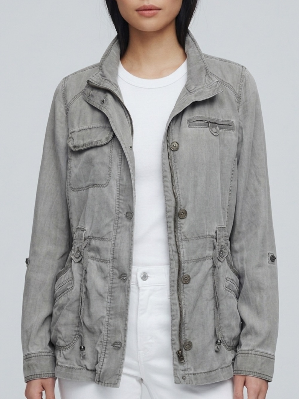 Anthropologie Marrakech Lyocell Long Utility Zip Jacket Size Small Grey Anorak